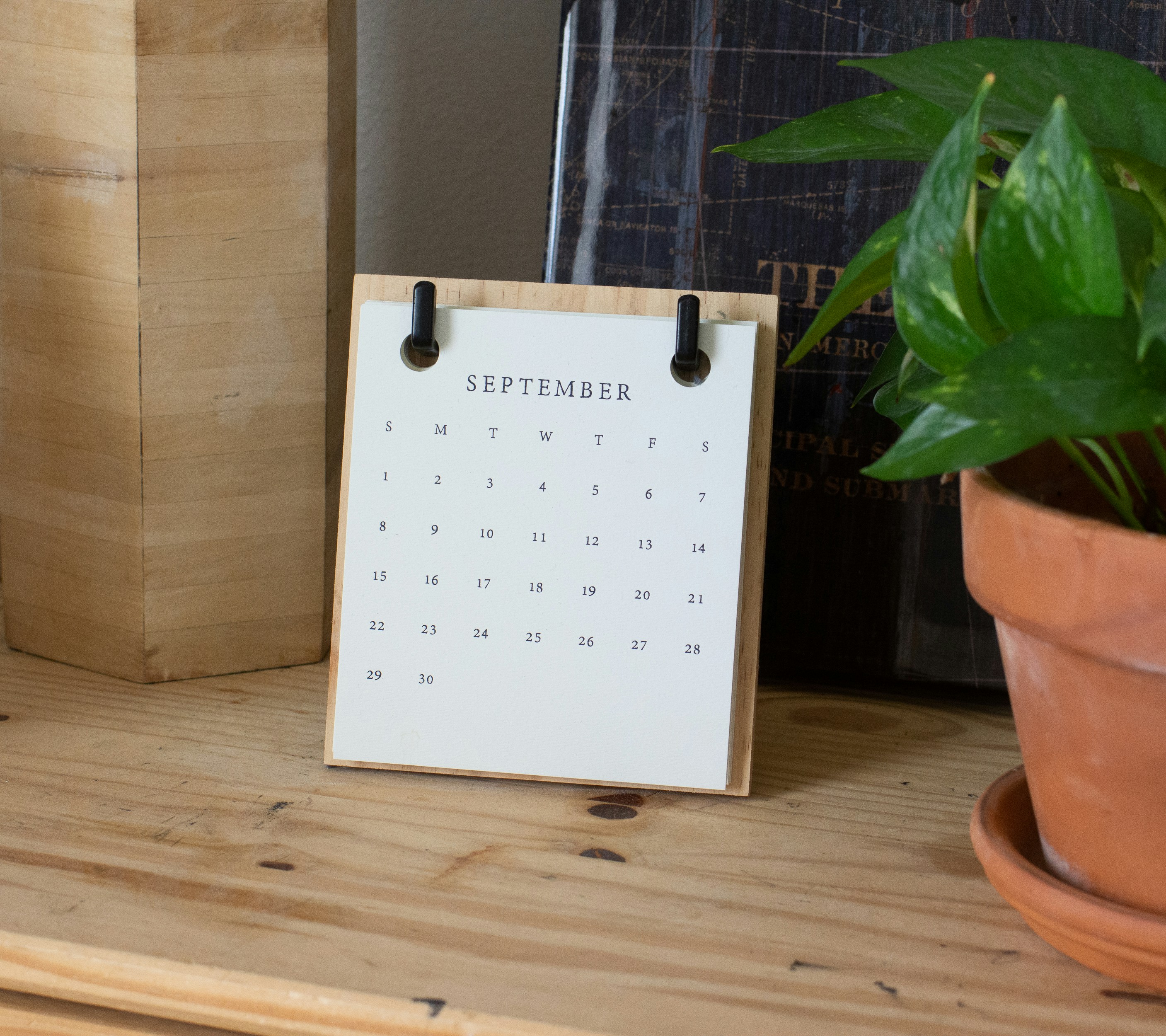Calendar showing month on a desk with a flower pot beside it.